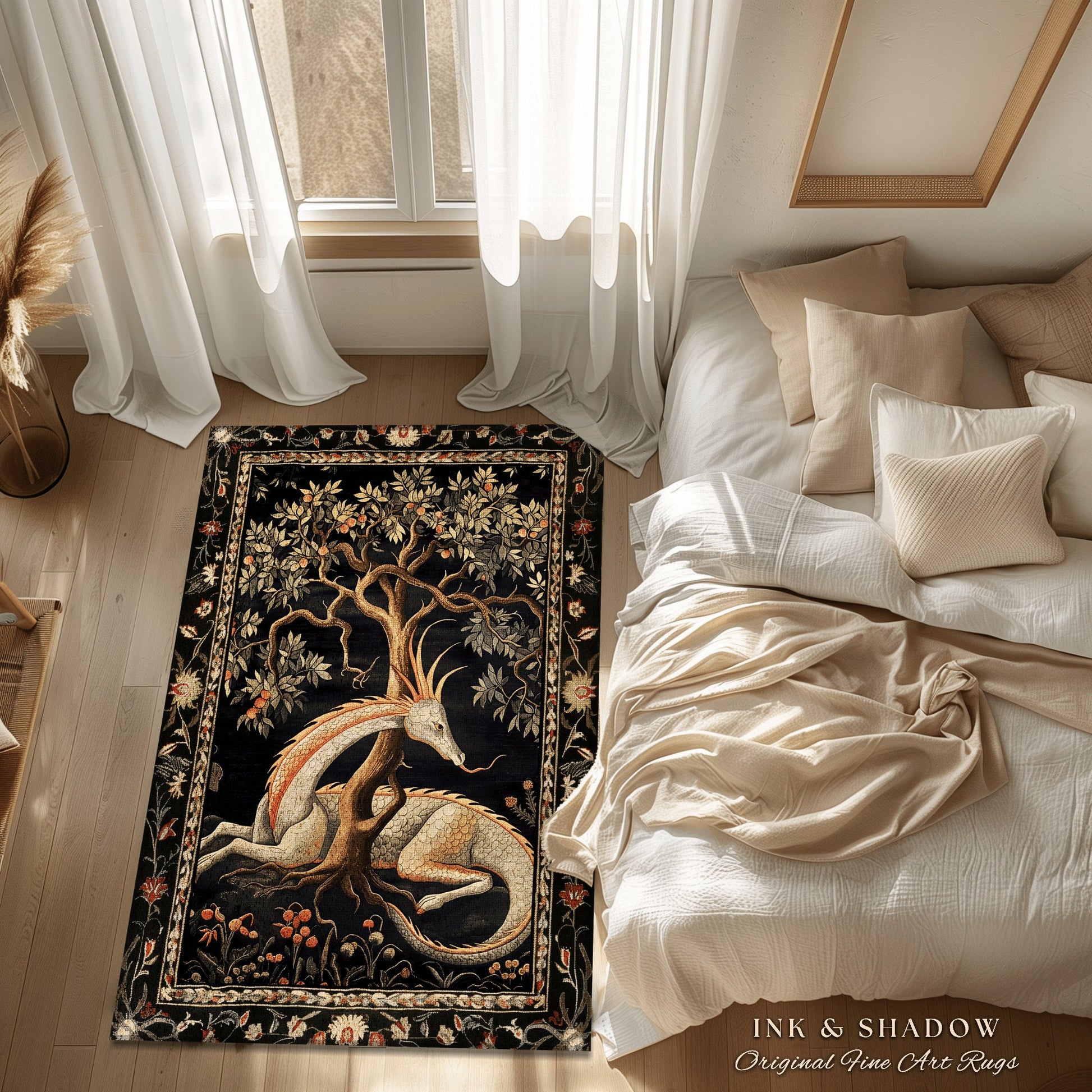 Forest Spirit Round Area Rug | Dark Cottagecore Gothic Book Nook Decor Fairy Core Bedroom Magical Dragon Aesthetic Maximalist Game Room Rug
