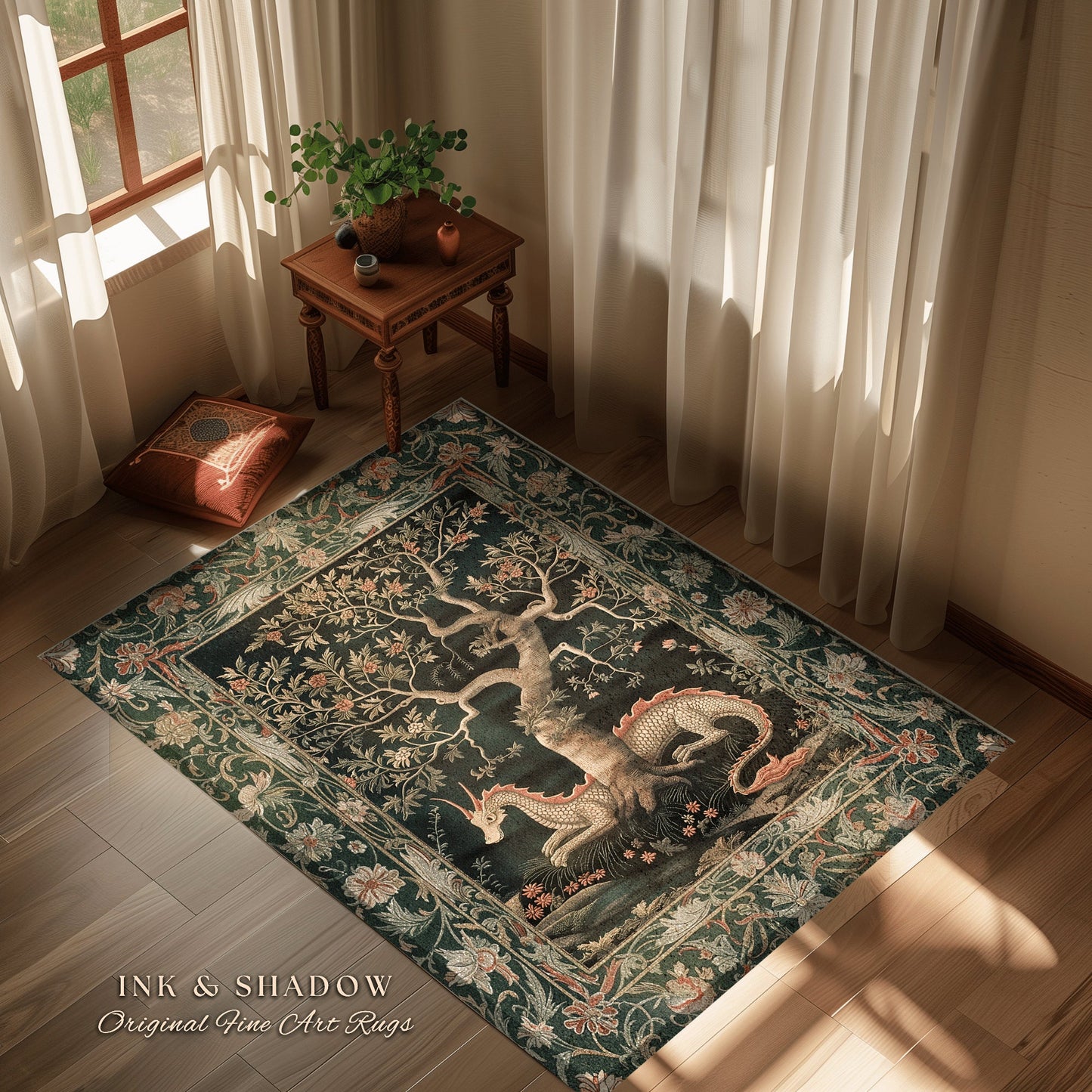 Woodland Mysticism Floor Rug | Ethereal Gothic Book Nook Decor Fairy Bedroom Magical Aesthetic Maximalist Cottagecore Gift for Dragon Lover