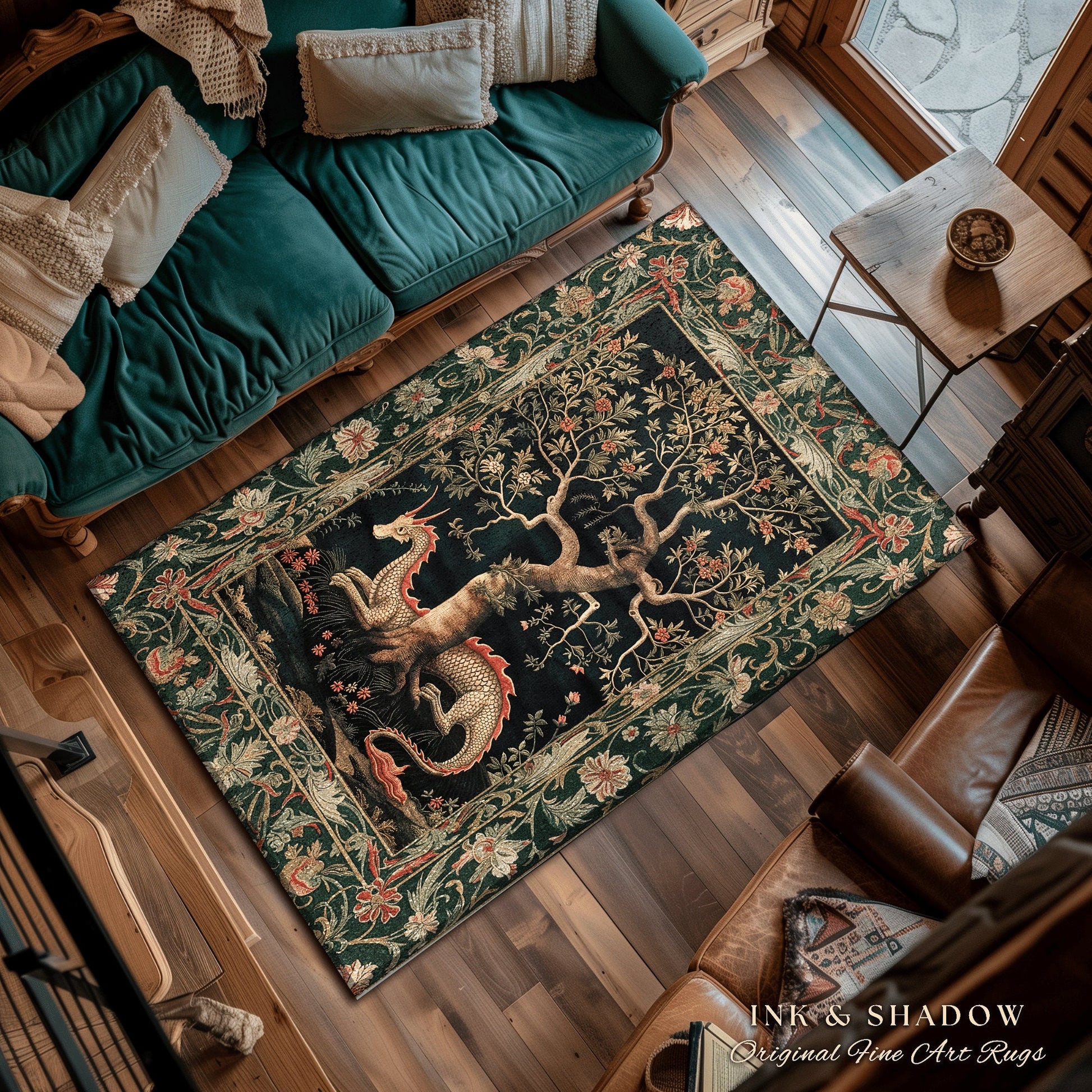 Woodland Mysticism Floor Rug | Ethereal Gothic Book Nook Decor Fairy Bedroom Magical Aesthetic Maximalist Cottagecore Gift for Dragon Lover