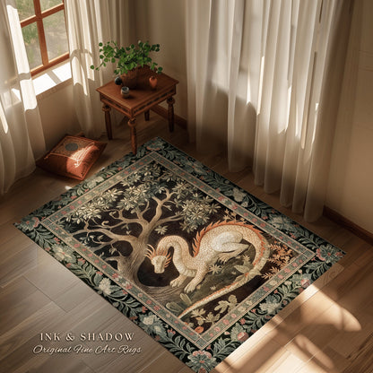 Dragon Lover Bedroom Rug | Medieval Folklore Room Decor Fairytale Inspired DnD Gift Dark Cottagecore Fairycore Mystical Game Room Accent Rug