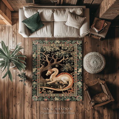 Dragon Lover Bedroom Rug | Medieval Folklore Room Decor Fairytale Inspired DnD Gift Dark Cottagecore Fairycore Mystical Game Room Accent Rug