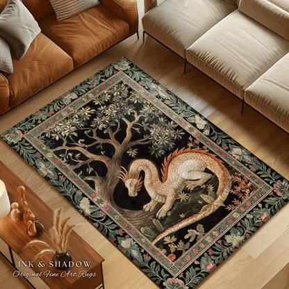 Dragon Lover Bedroom Rug | Medieval Folklore Room Decor Fairytale Inspired DnD Gift Dark Cottagecore Fairycore Mystical Game Room Accent Rug