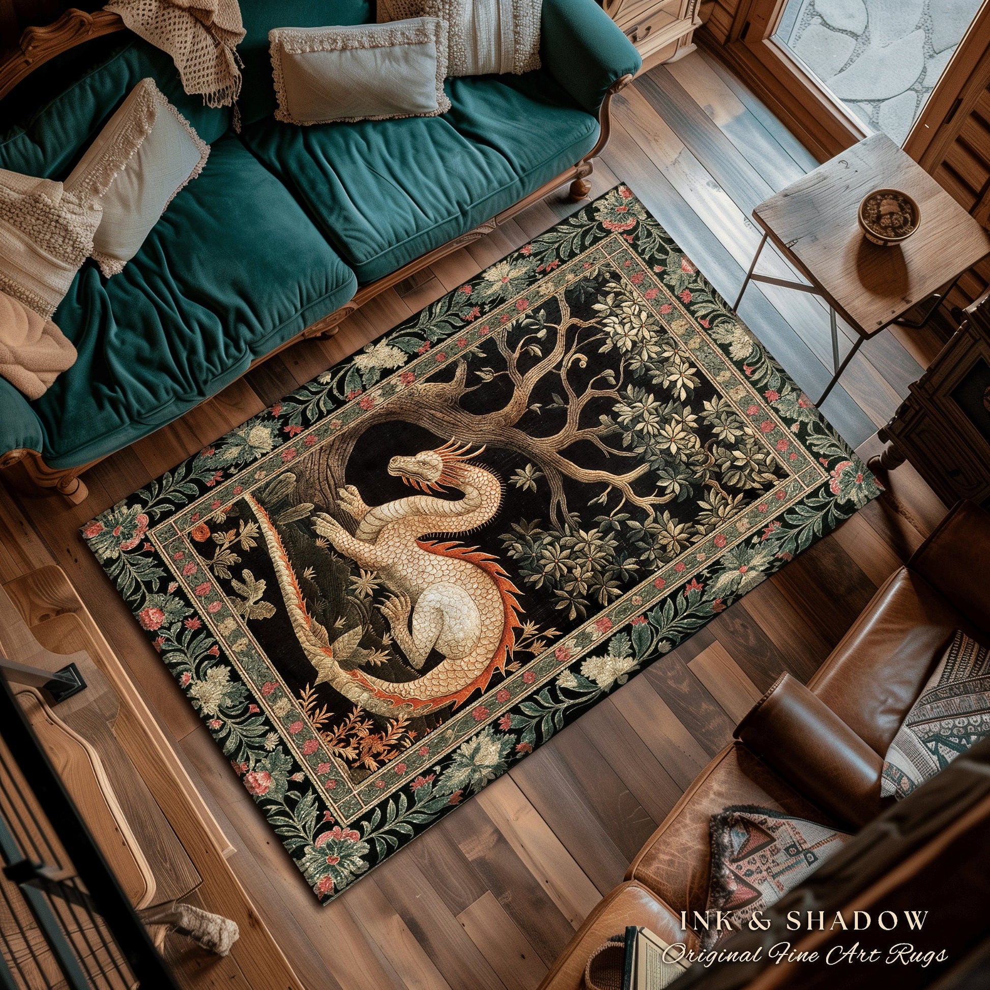 Dragon Lover Bedroom Rug | Medieval Folklore Room Decor Fairytale Inspired DnD Gift Dark Cottagecore Fairycore Mystical Game Room Accent Rug