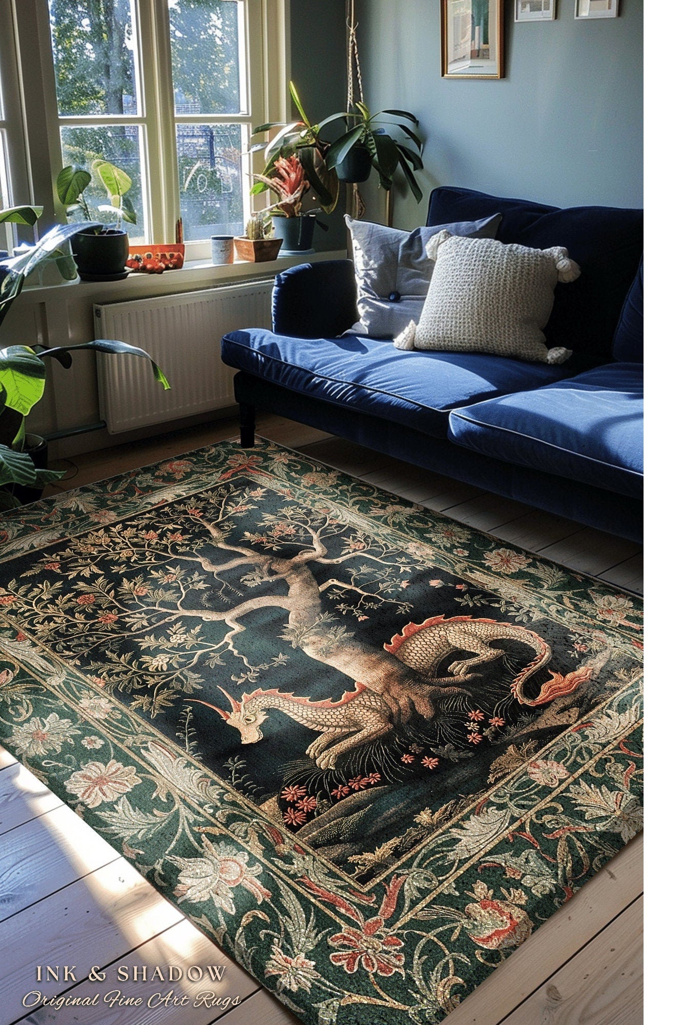 Woodland Mysticism Floor Rug | Ethereal Gothic Book Nook Decor Fairy Bedroom Magical Aesthetic Maximalist Cottagecore Gift for Dragon Lover