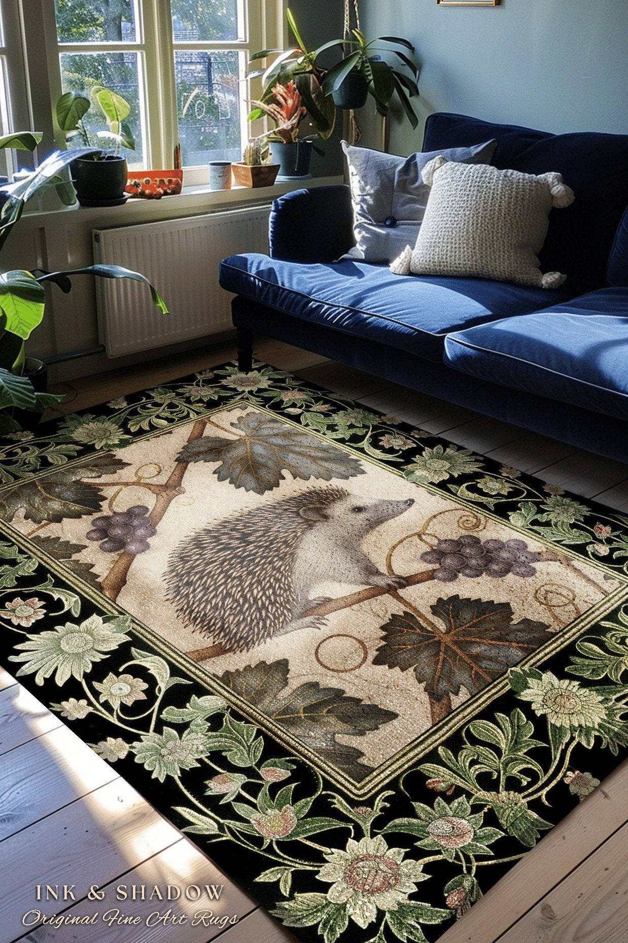 Maximalist Hedgehog Accent Rug | Whimsy Woodland Victorian Bedroom Cozy Cottagecore Rustic Decor Dark Fairy Grunge Aesthetic Hedgehog Art |