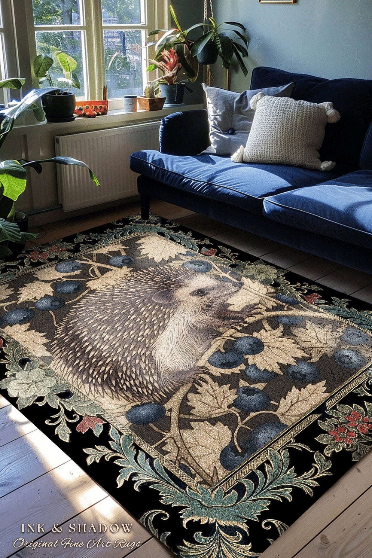 Victorian Gothic Hedgehog Rug | Dark Woodland Autumn Aesthetic Cozy Cottagecore Book Nook Accent Rug Dark Fairycore Room Hedgehog Lover |