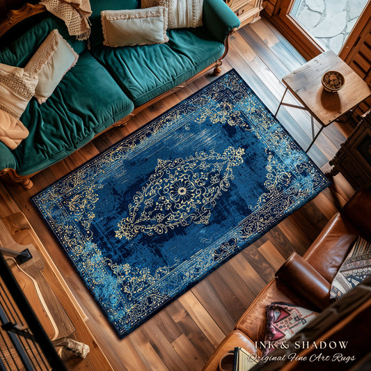 Elegant Royal Blue Area Rug | Living Room Indigo Home Decor Rustic Aesthetic Dark Cottagecore Bedroom Boho Floor Mat for Living Room