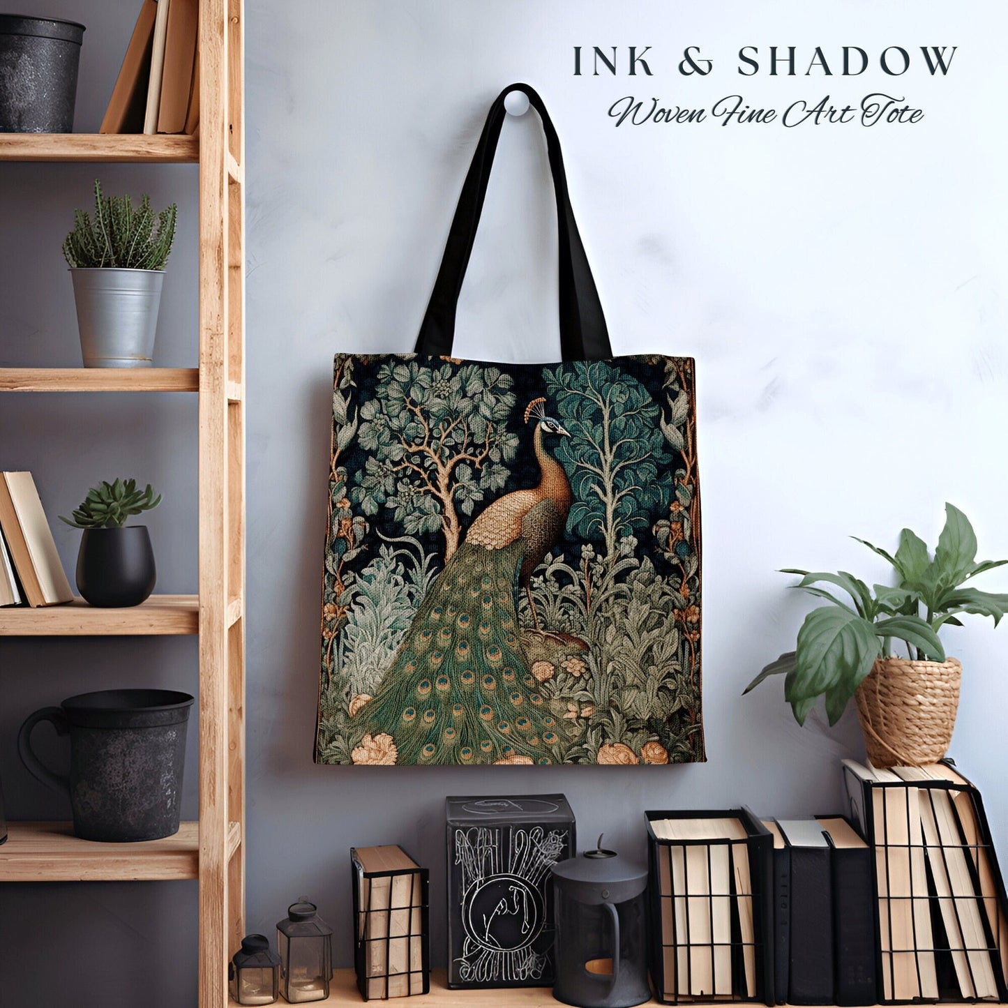 Botanical Fairy Grunge Peacock Tote Medieval Aesthetic Dark Cottagecore Whimsical Peacock Morris Inspired Tote Bag Forestcore Maximalist