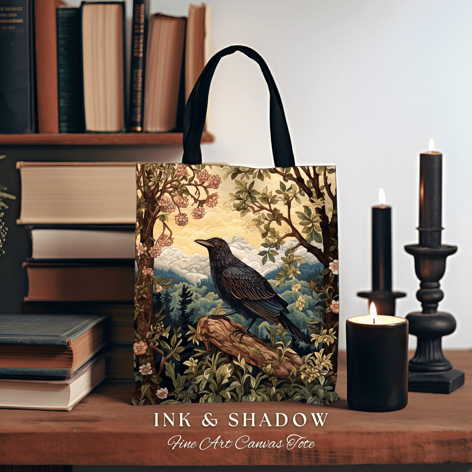 Boho Crow Tote Bag Whimsical | Gothic Tote William Morris Inspired Raven Tote Bag Crow Core Satchel Maximalist Tapestry Bag Dark Woodland |