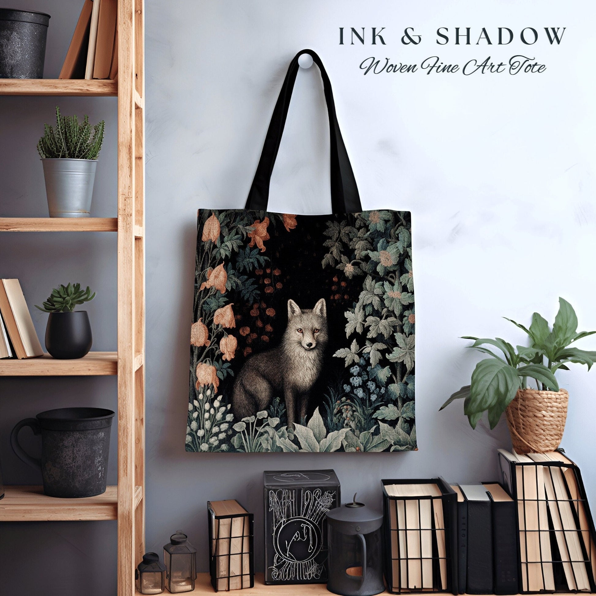 Whimsigoth Grey Fox Tapestry Tote Botanical Dark Floral Victorian Fox Fairycore Dark Academia Morris Art Tote Bag Aesthetic Medieval Bag