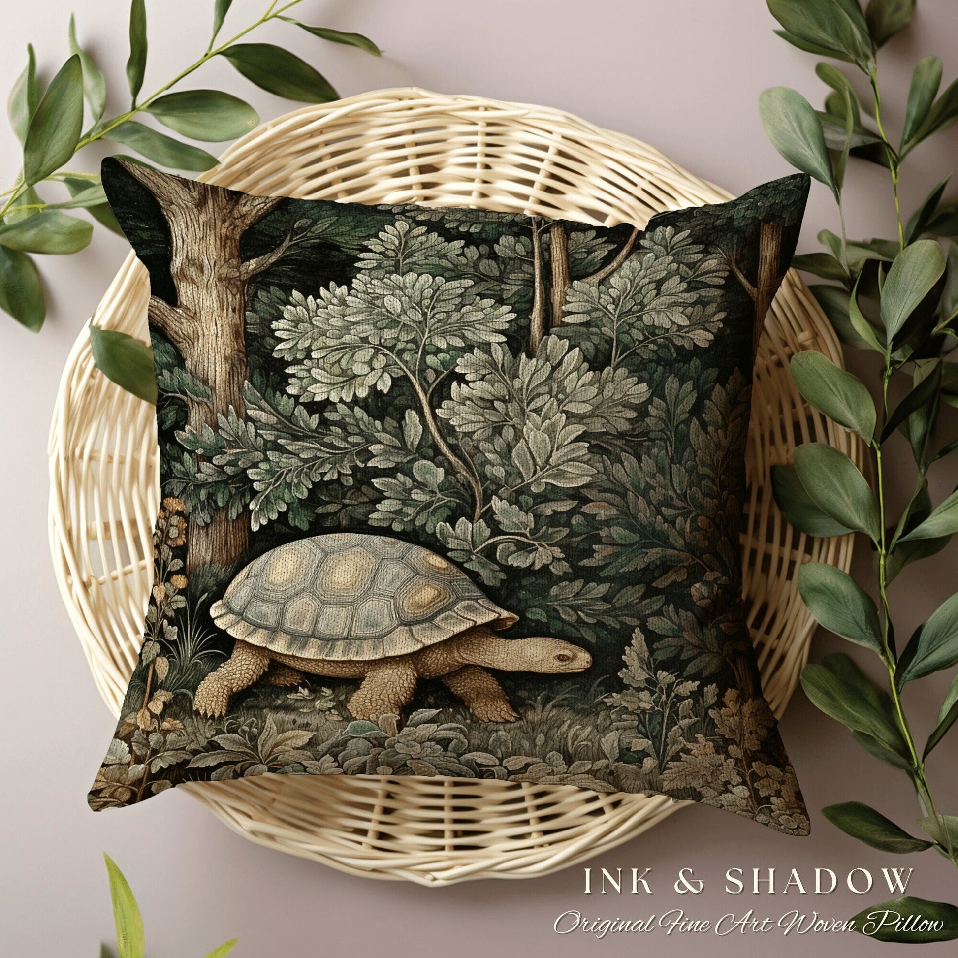 Woodland Gothic Botanical Tortoise Pillow | Whimsical Pillow William Morris Inspired Boho Turtle Pillow Fairy Aesthetic Pillow Cottagecore