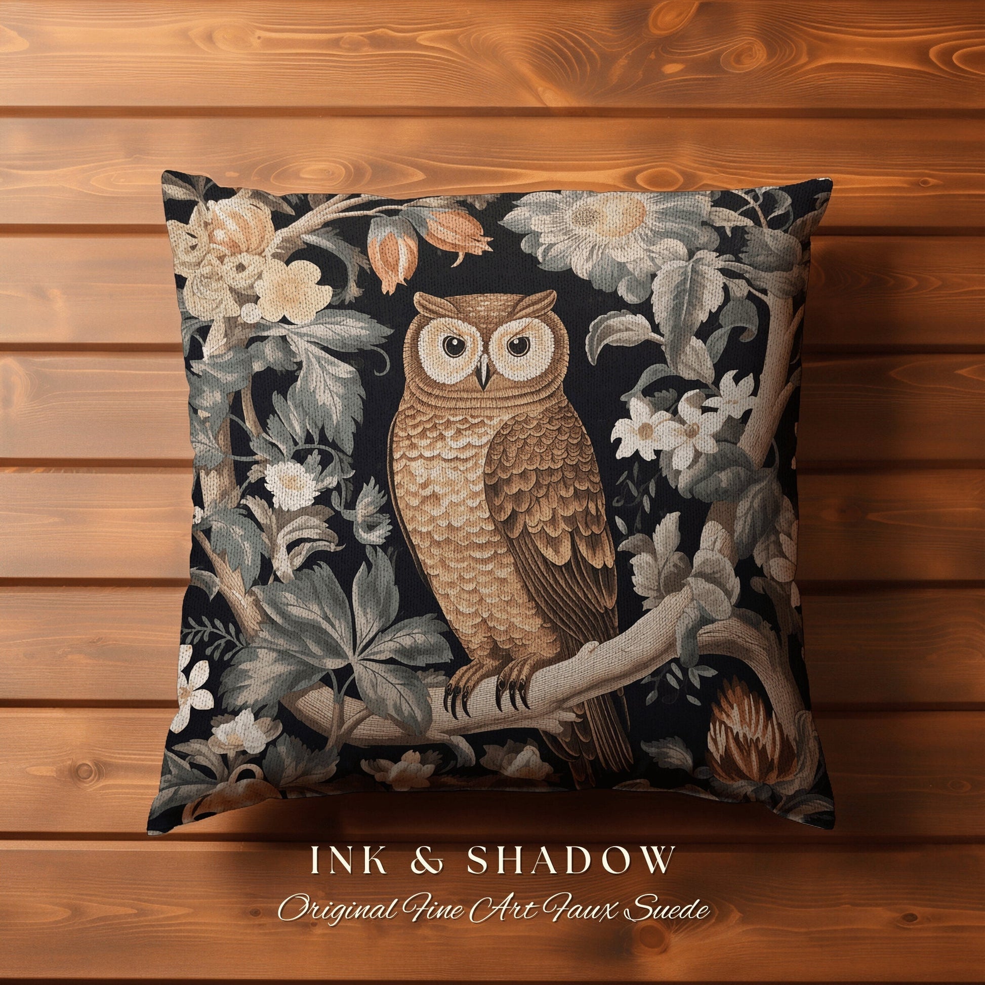 Owl Pillow Eclectic Home Decor | Whimsical William Morris Inspired Boho Aesthetic Botanical Spring Decorating Pillow Woven Victorian Owl |