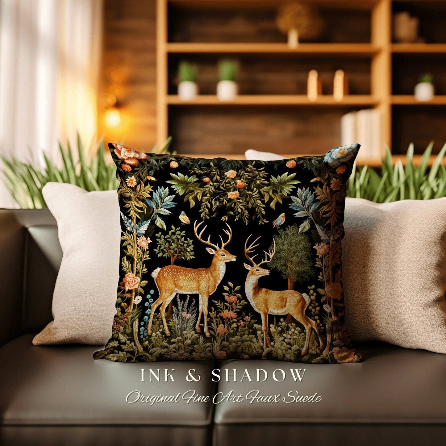 Mystic Woods Folklore Pillow | Folk Art Aesthetic Couch Cushion Woven William Morris Decor Dark Fairycore Gothic Botanical Woodland Spirit |