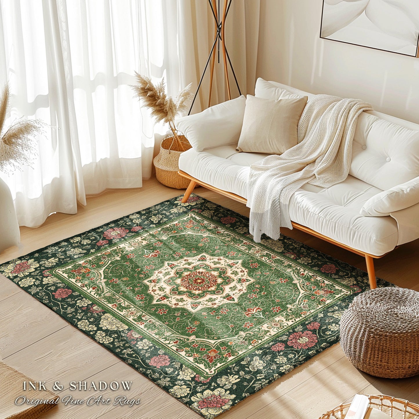 Jade Green Statement Rug | Classic Ornate Victorian Rug with Green Detail Peachy Accent Bohemian Aesthetic for Cozy Reading Nook Boho Design