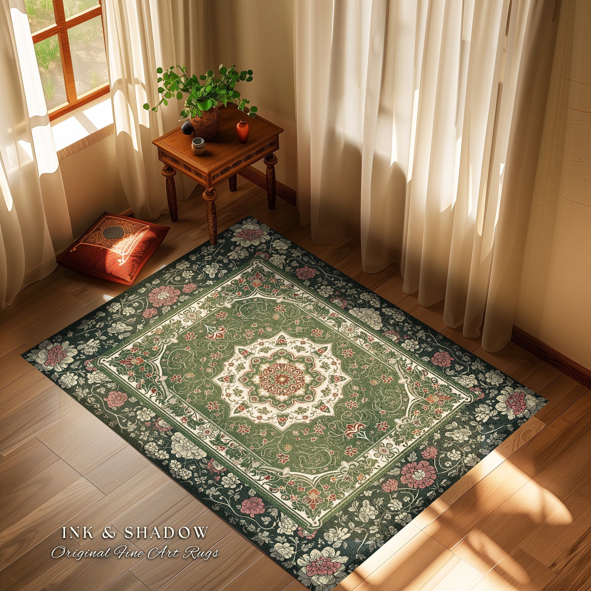 Jade Green Statement Rug | Classic Ornate Victorian Rug with Green Detail Peachy Accent Bohemian Aesthetic for Cozy Reading Nook Boho Design