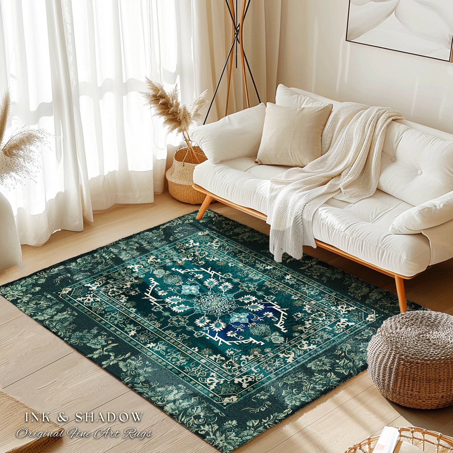 Deep Sea Green Room Accent Rug | Classic Ornate Statement Rug with Blue Green Detail Bohemian Mandala Aesthetic for Cozy Hippie Room Boho |