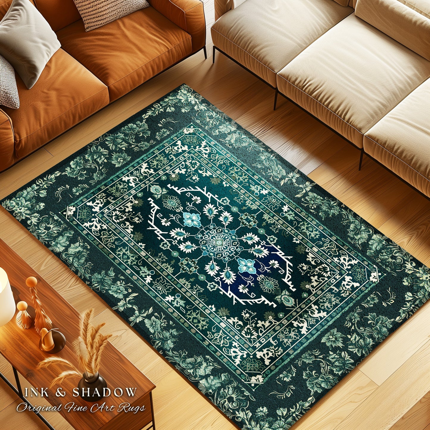 Deep Sea Green Room Accent Rug | Classic Ornate Statement Rug with Blue Green Detail Bohemian Mandala Aesthetic for Cozy Hippie Room Boho |