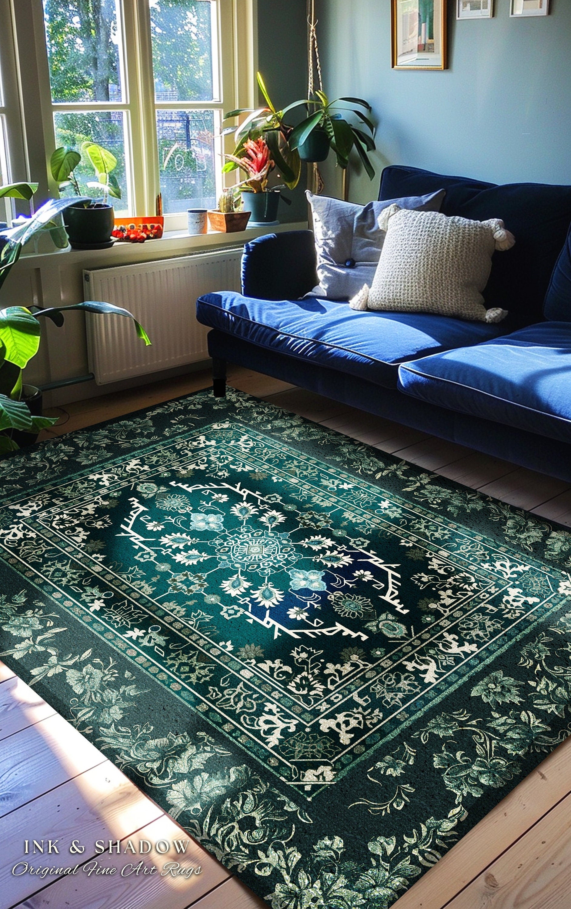 Deep Sea Green Room Accent Rug | Classic Ornate Statement Rug with Blue Green Detail Bohemian Mandala Aesthetic for Cozy Hippie Room Boho |