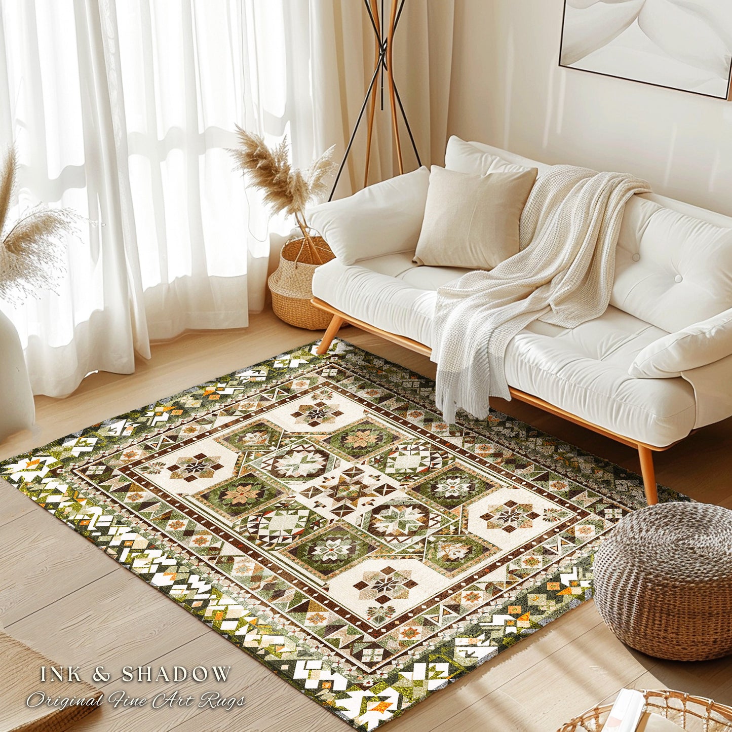 Nordic Inspired Earth Tone Rug | Geometric Rug with Sage Green Detail Beige Boho Aesthetic for Housewarming Gift Muted Tones Home Accent