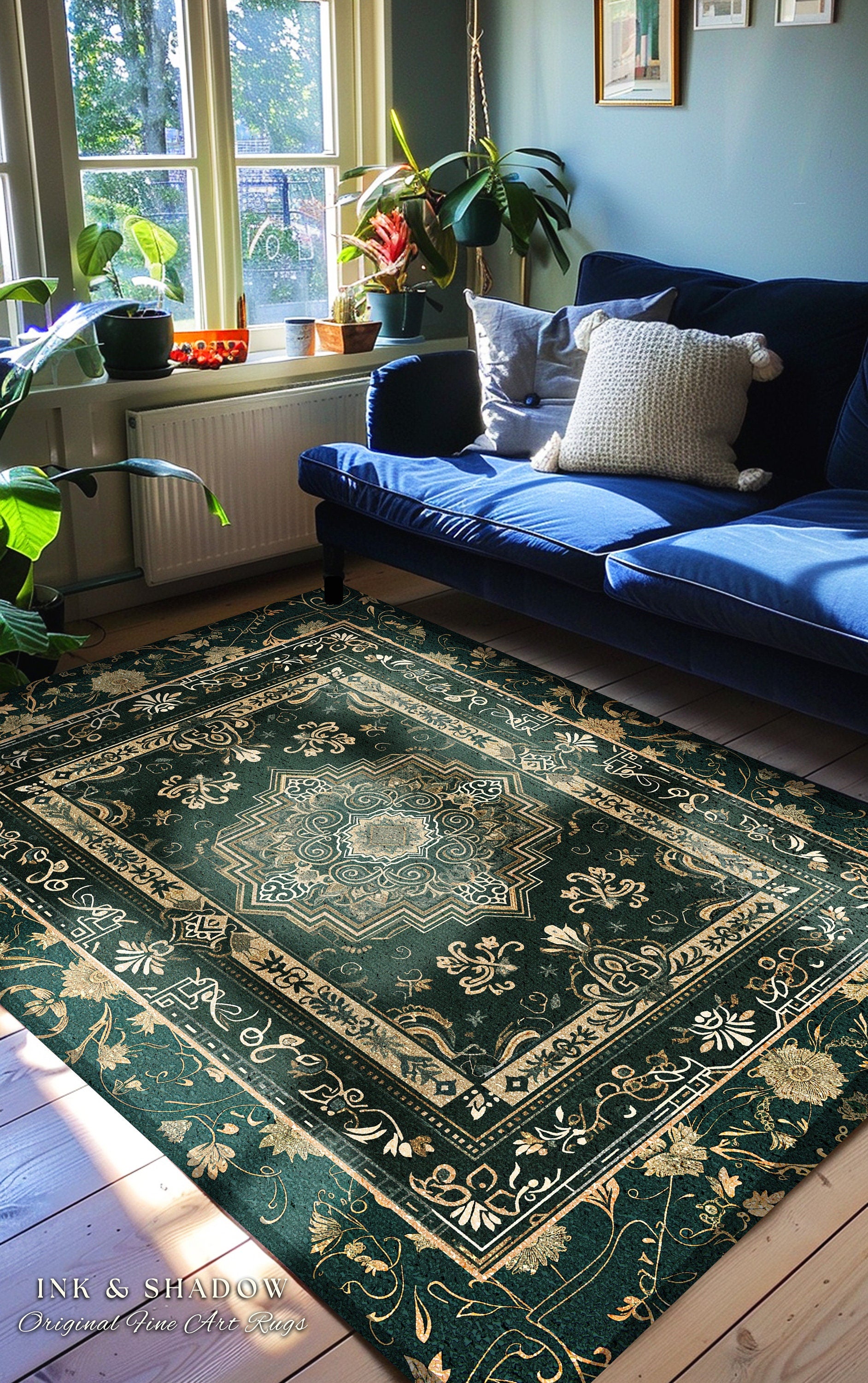 Gothic Maximalist Accent Rug | Forest Green Floor Rug Ornate Rug With Blue Green Detail Cottagecore Victorian Gothic Aesthetic Dark Teal |