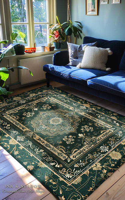 Gothic Maximalist Accent Rug | Forest Green Floor Rug Ornate Rug With Blue Green Detail Cottagecore Victorian Gothic Aesthetic Dark Teal |