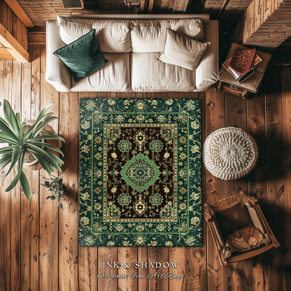 Dark Academia Emerald Statement Rug | Reading Nook Cozy Floor Rug Ornate Rug with Blue Green Detail Cottagecore Victorian Gothic Aesthetic