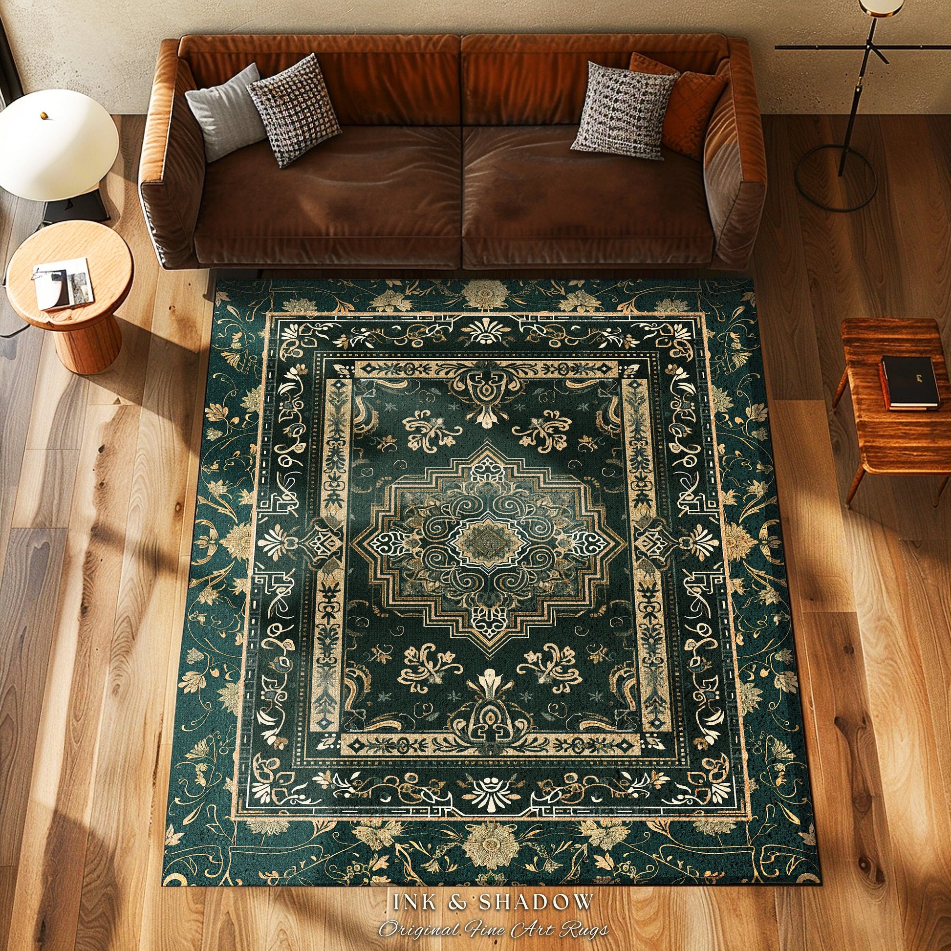 Gothic Maximalist Accent Rug | Forest Green Floor Rug Ornate Rug With Blue Green Detail Cottagecore Victorian Gothic Aesthetic Dark Teal |