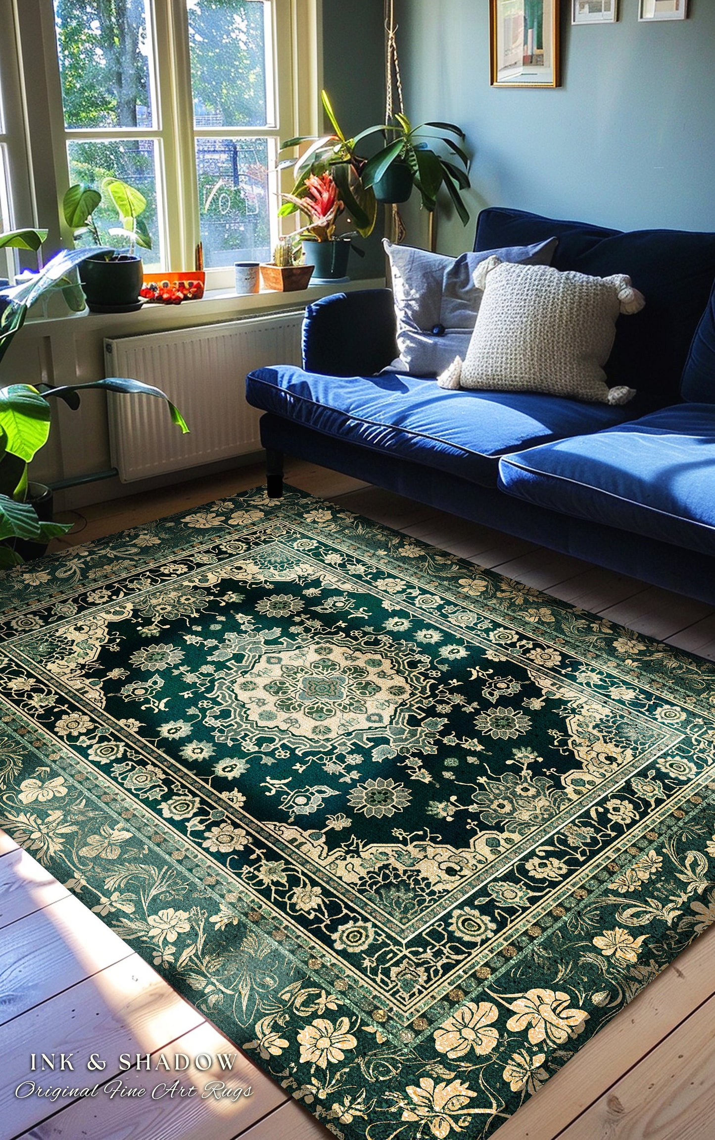 Victorian Gothic Bedroom Rug | Reading Nook Cozy Floor Rug Ornate Statement Rug with Blue Green Detail Cottagecore Dark Academia Aesthetic