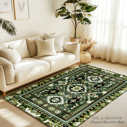 Classic Geometric Green Rug | Modern Midcentury Home Accent Ornate Nordic Inspired Rug with Forest Green Detail Bohemian Style Aesthetic |