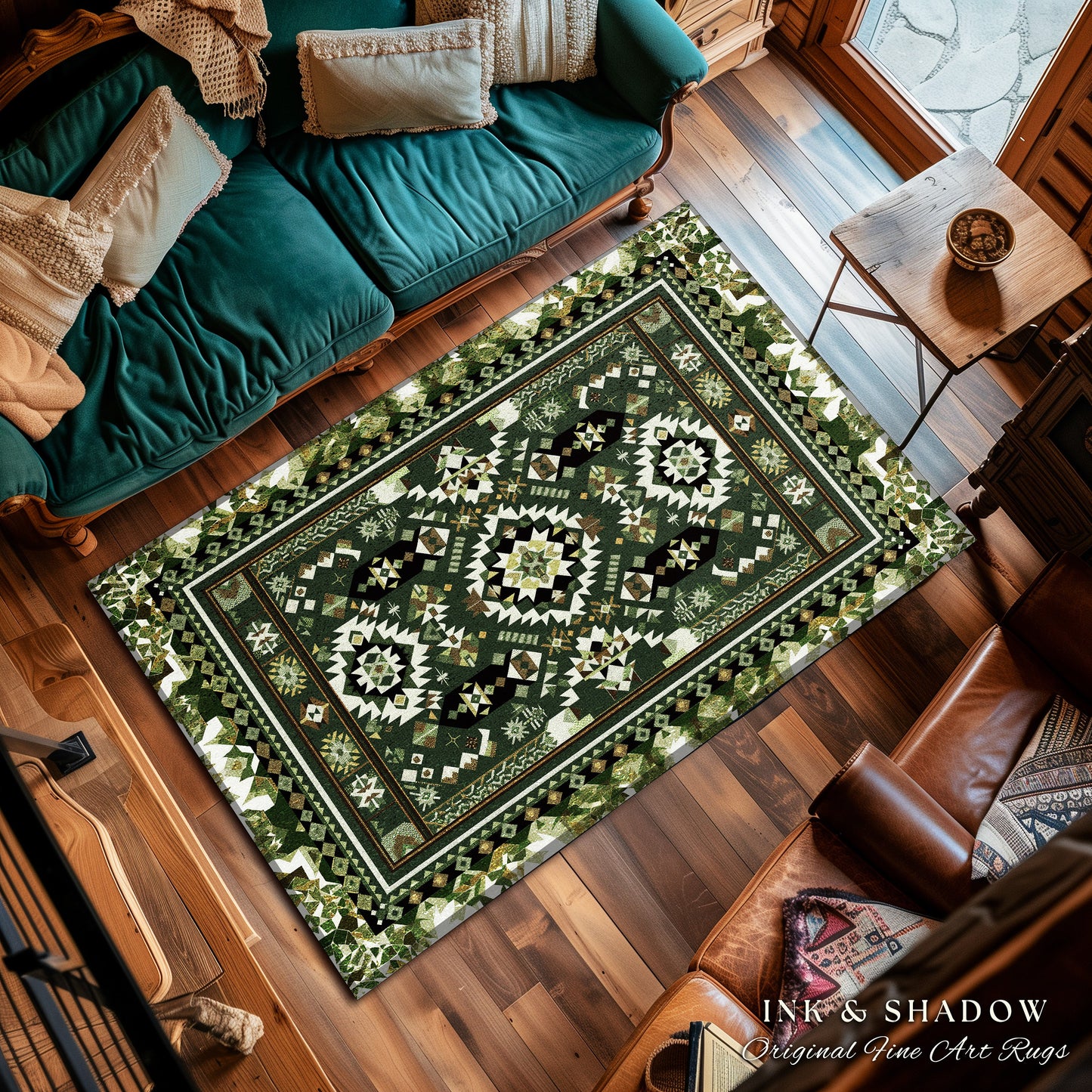 Classic Geometric Green Rug | Modern Midcentury Home Accent Ornate Nordic Inspired Rug with Forest Green Detail Bohemian Style Aesthetic |