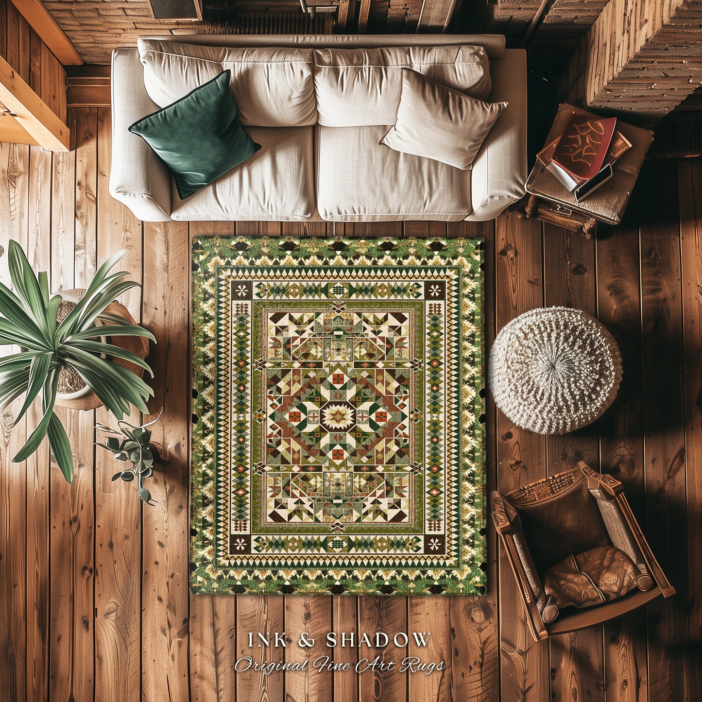 Rustic Geometric Green Rug | Midcentury Home Accent Ornate Victorian Rug with Forest Green Detail Bohemian Aesthetic for Cozy Guest Bedroom