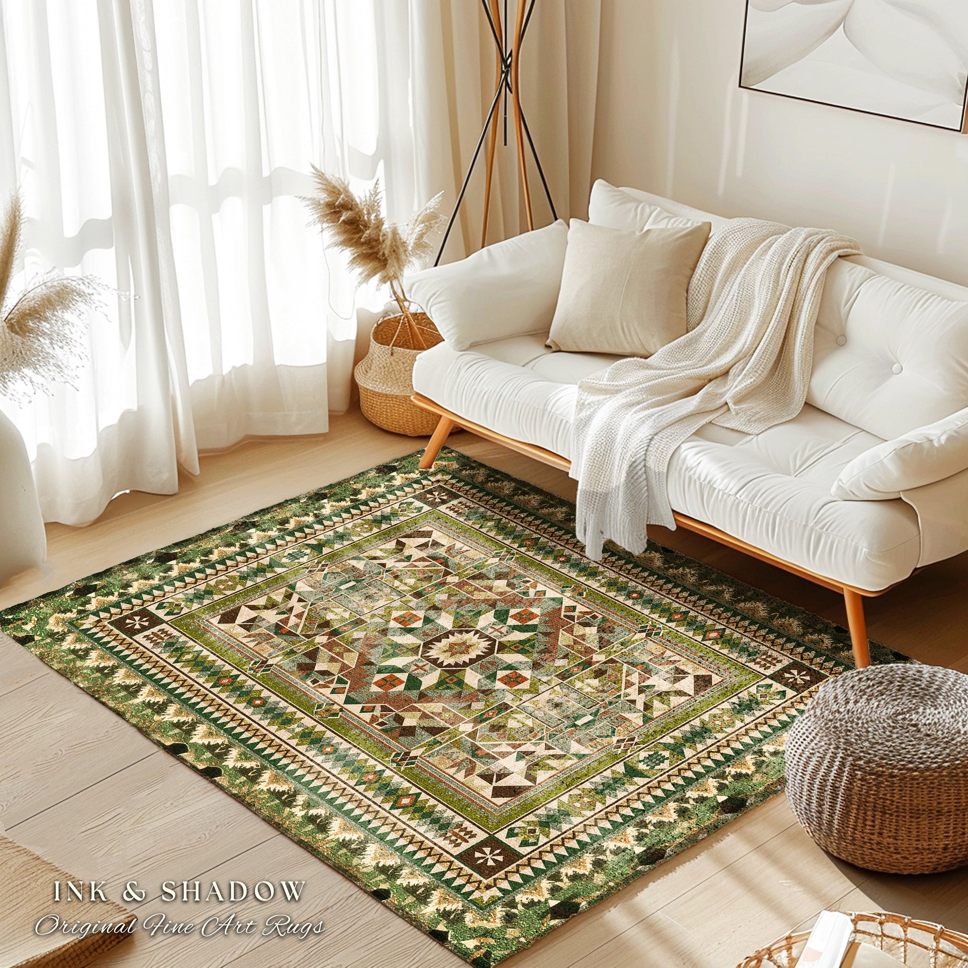 Rustic Geometric Green Rug | Midcentury Home Accent Ornate Victorian Rug with Forest Green Detail Bohemian Aesthetic for Cozy Guest Bedroom