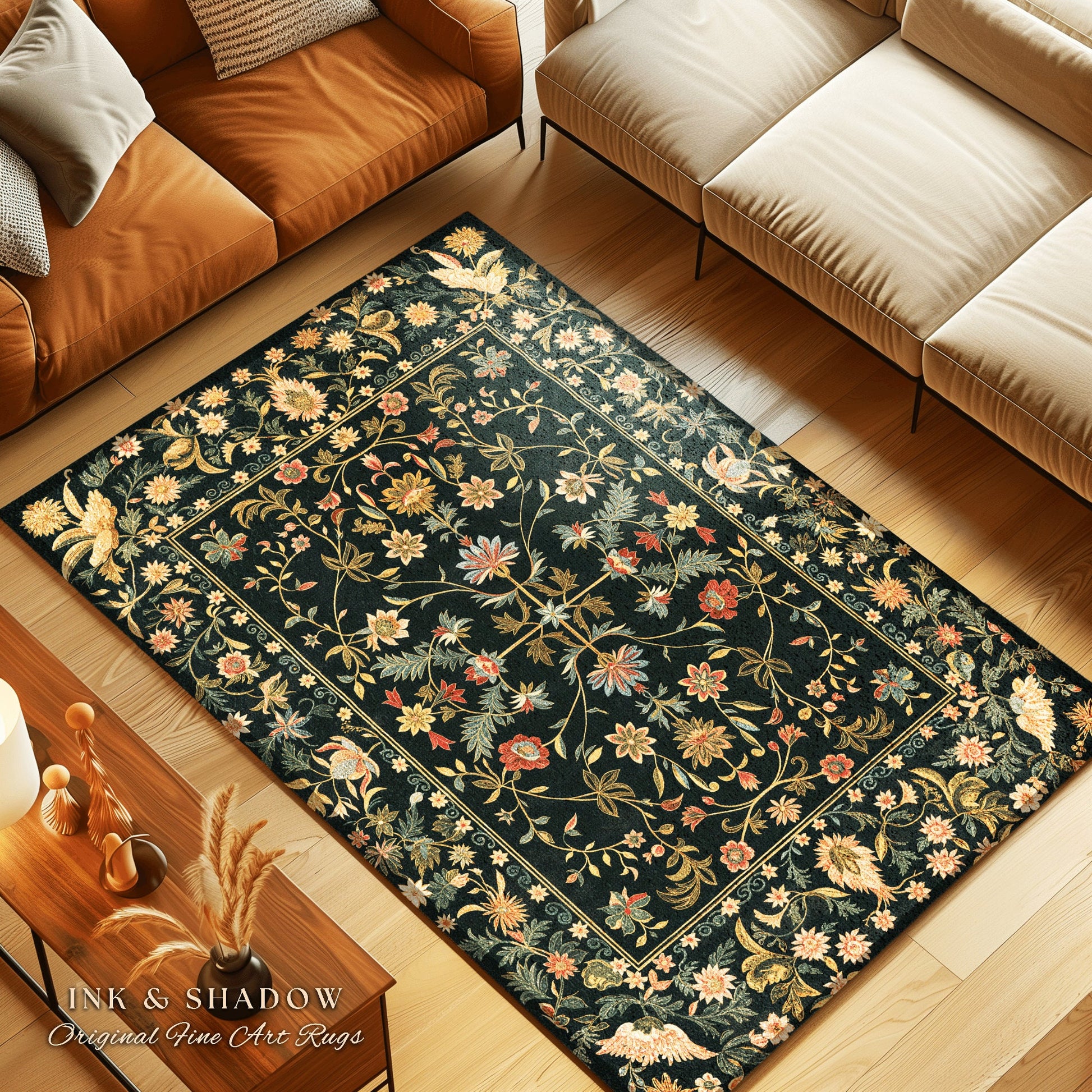 Boho Maximalist Wildflower Rug | Folklore Aesthetic Danish Home Decor Rustic Housewarming Gift Fairycore Bedroom Whimsical Living Room |