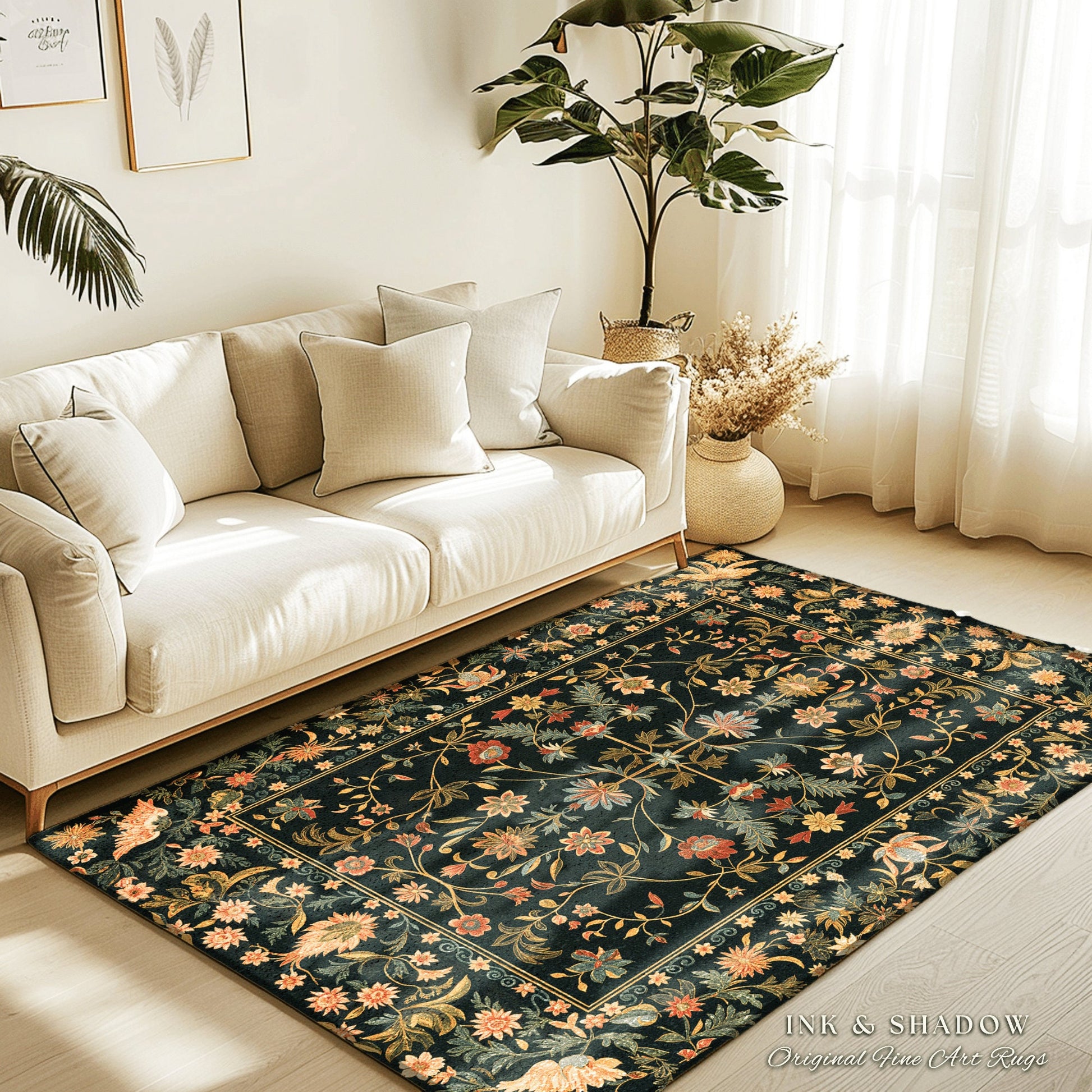 Boho Maximalist Wildflower Rug | Folklore Aesthetic Danish Home Decor Rustic Housewarming Gift Fairycore Bedroom Whimsical Living Room |