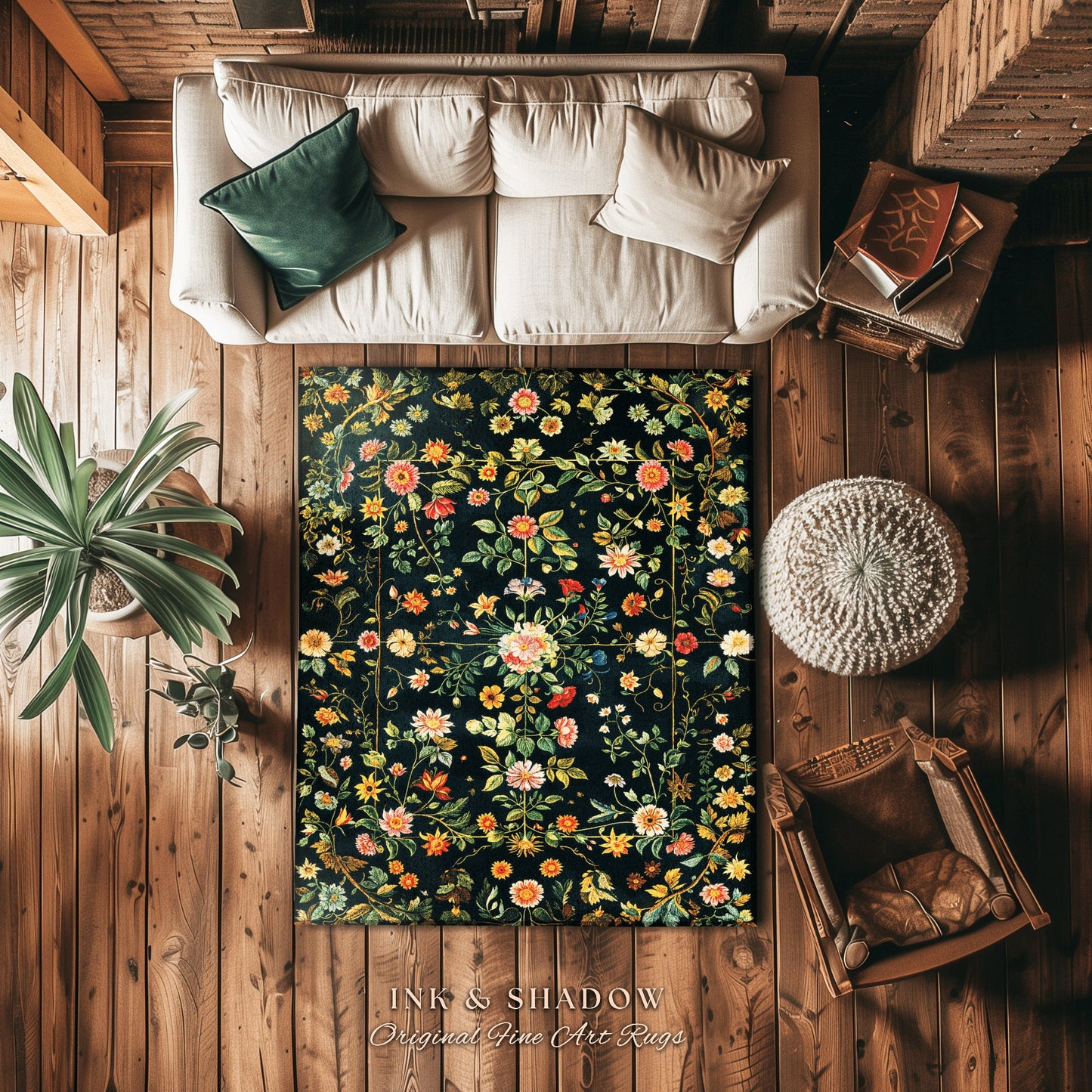 Dark Academia Wildflower Rug | Floral Aesthetic Ornate Gothic Home Decor Whimsical Rustic Housewarming Gift Dark Academia Ethereal Bedroom |