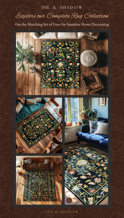 Jewel Tones Vintage Dark Academia Wildflower Rug | Floral Aesthetic Ornate Gothic Home Decor Whimsical Rustic Housewarming Gift Ethereal