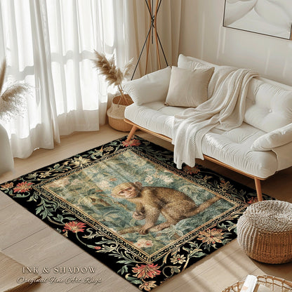 Boho Gothic Monkey Botanical Rug Room Decor Goth Cottagecore Aesthetic | Dark Forest Fairycore Grunge Room Decor Animals Round Bohemian Rug