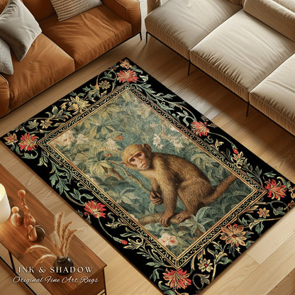 Boho Gothic Monkey Botanical Rug Room Decor Goth Cottagecore Aesthetic | Dark Forest Fairycore Grunge Room Decor Animals Round Bohemian Rug