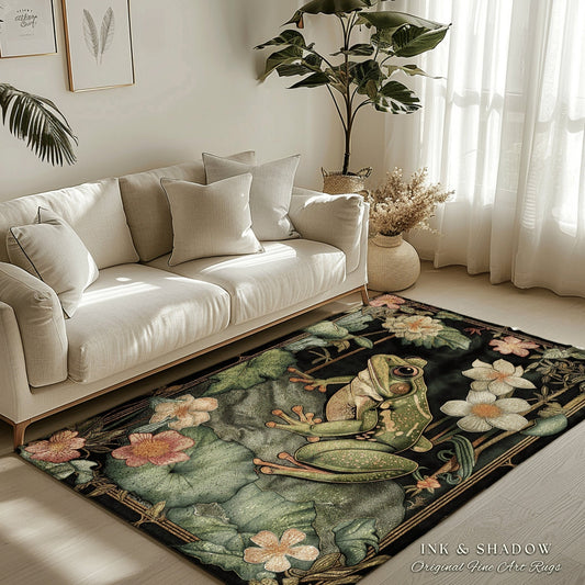 Jungle Frog Floral Bedroom Rug | Woodland Cottagecore Aesthetic Living Room Home Decor Frog Lover Gift Goblincore Floor Mat Whimsical Toad |