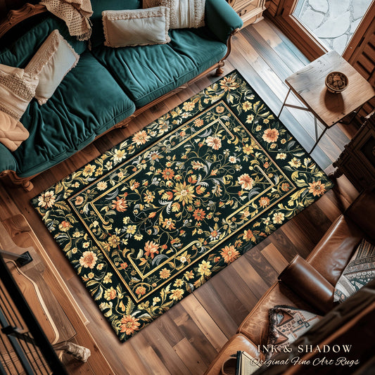 Dark Floral Living Room Rug | Wildflower Aesthetic Ornate Gothic Home Decor Rustic Boho Housewarming Gift Dark Academia Bedroom Folklore Art