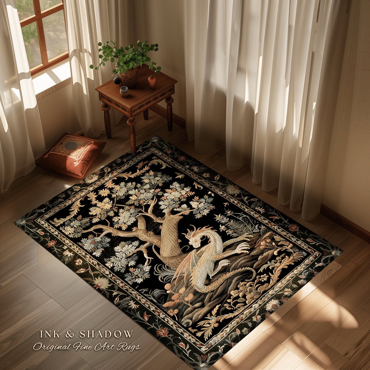 Dragon Aesthetic Botanical Rug | Dark Academia Room Decor Fairytale Inspired Nursery Gift Dark Cottagecore Fairycore Mystical Game Room Rug