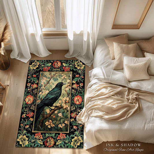 Dark Academia Crowcore Rug | Ethereal Bedroom Decor William Morris Inspired Cottagecore Aesthetic Dark Fairycore Book Nook Woodland Witchy