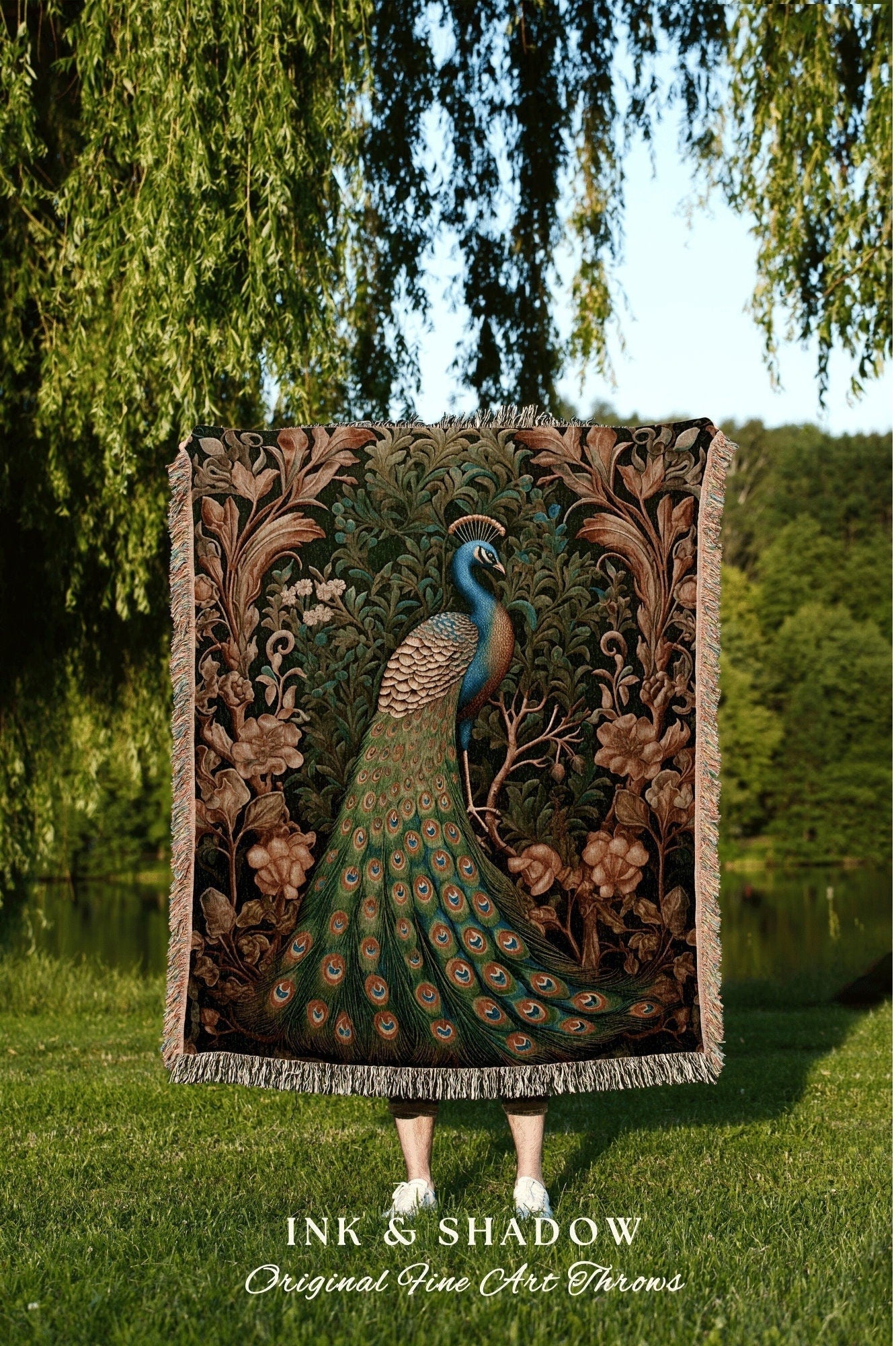 Maximalist Peacock Blanket Woven | Woodland Folklore Blanket Woven Tapestry William Morris Style Woodland Decor Dark Cottagecore Peacock Art