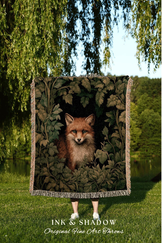 Mystic Woodland Fox Throw Woven | Woodland Folk Art Blanket Woven Tapestry William Morris Style Woodland Goth Decor Cottagecore Fox Blanket