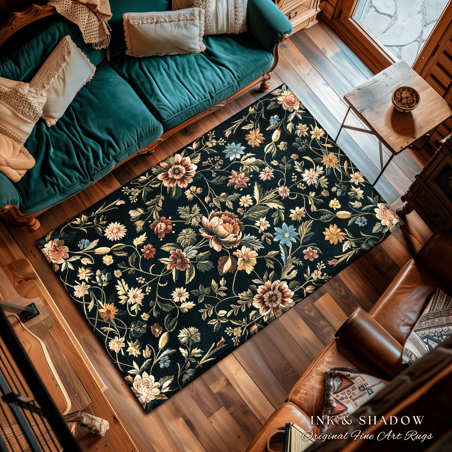 Dark Victorian Aesthetic Rug | Ethereal Gothic Livingroom Decor Ornate Home Decor Whimsical Crowcore Rug Dark Academia Witchy Bedroom Floral