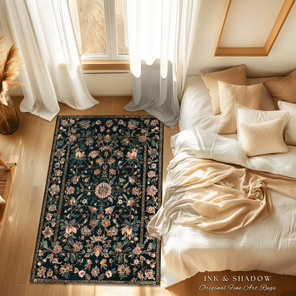 Enchanted Garden Floral Folk Art Rug, Romantic Dark Cottagecore Decor Victorian Aesthetic Fairytale Bedroom Art Accent Whimsical Rustic Home