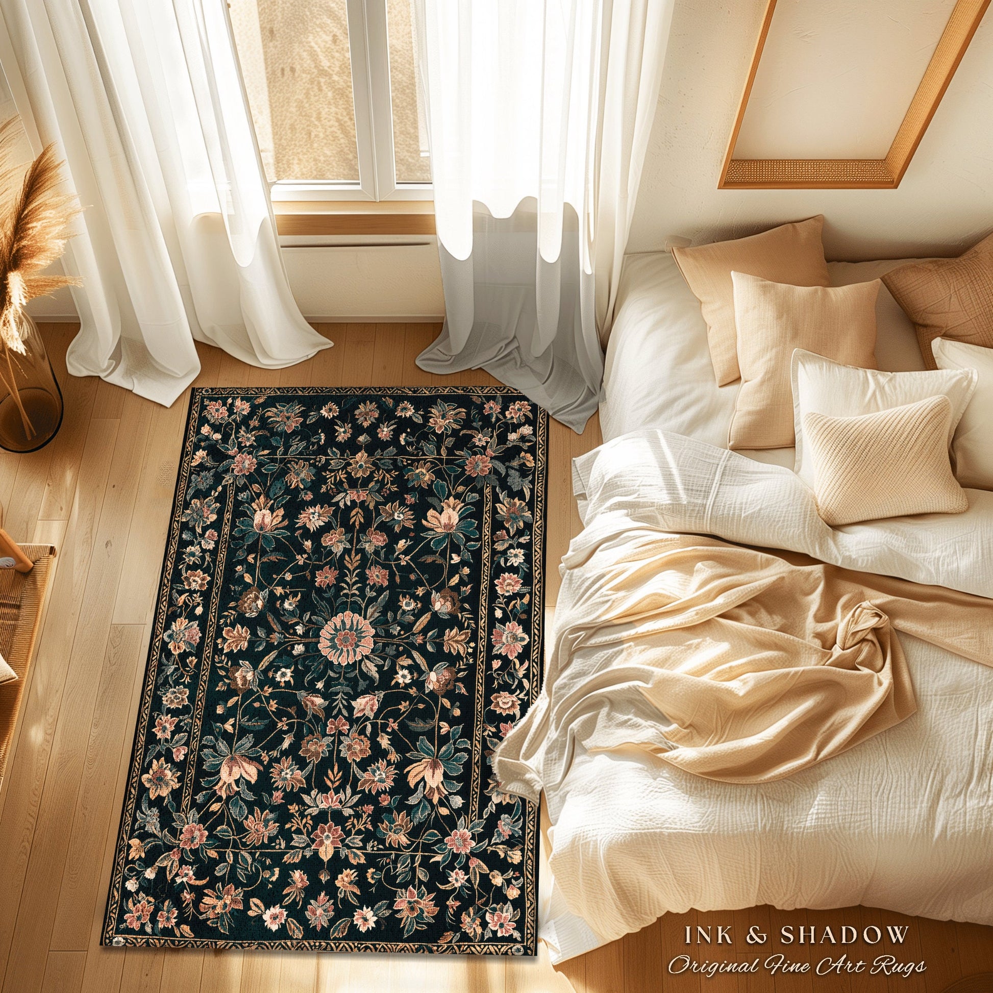 Enchanted Garden Floral Folk Art Rug, Romantic Dark Cottagecore Decor Victorian Aesthetic Fairytale Bedroom Art Accent Whimsical Rustic Home