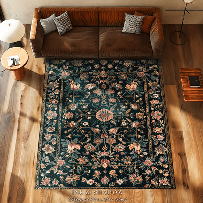 Enchanted Garden Floral Folk Art Rug, Romantic Dark Cottagecore Decor Victorian Aesthetic Fairytale Bedroom Art Accent Whimsical Rustic Home