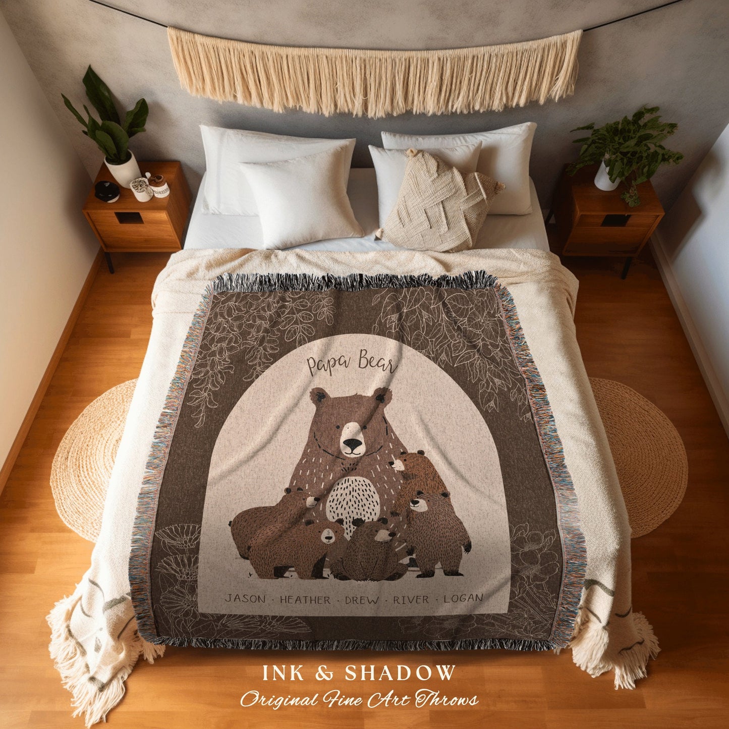 Papa Bear Custom Cozy Throw | Personalized Mom Gift from Kids Custom Mama Bear Cubs Cottagecore Family Name Tapestry Woven Grandpa Blanket |