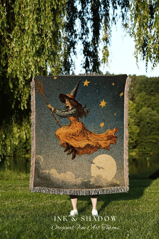 Broomstick Witch Tapestry Woven Blanket Halloween Retro Aesthetic | Witchy Room Decor Goth Aesthetic Halloween Spooky | Antique Halloween